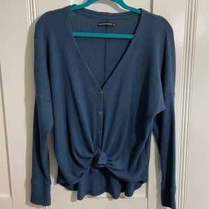 Abercrombie & Fitch | Women’s Blue Ribbed Cardigan Tie Sweater Size L EUC